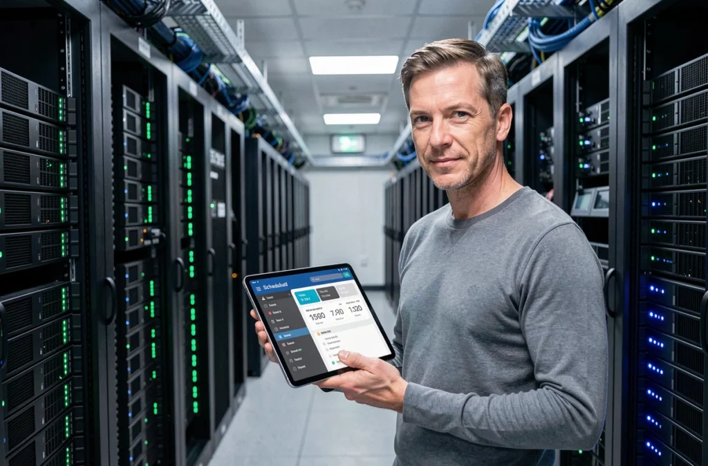 Technicien gérant une sauvegarde planifiée dans une salle de serveurs avec des équipements de stockage réseau