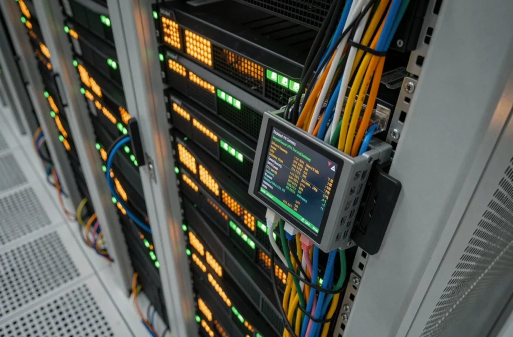 Baie de serveurs en salle informatique avec indicateurs de connexion VPN et gestion de câbles réseau