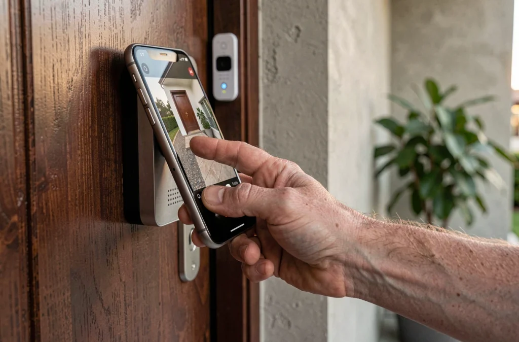 Gros plan sur une sonnette connectée et une serrure intelligente à l'entrée d'une maison