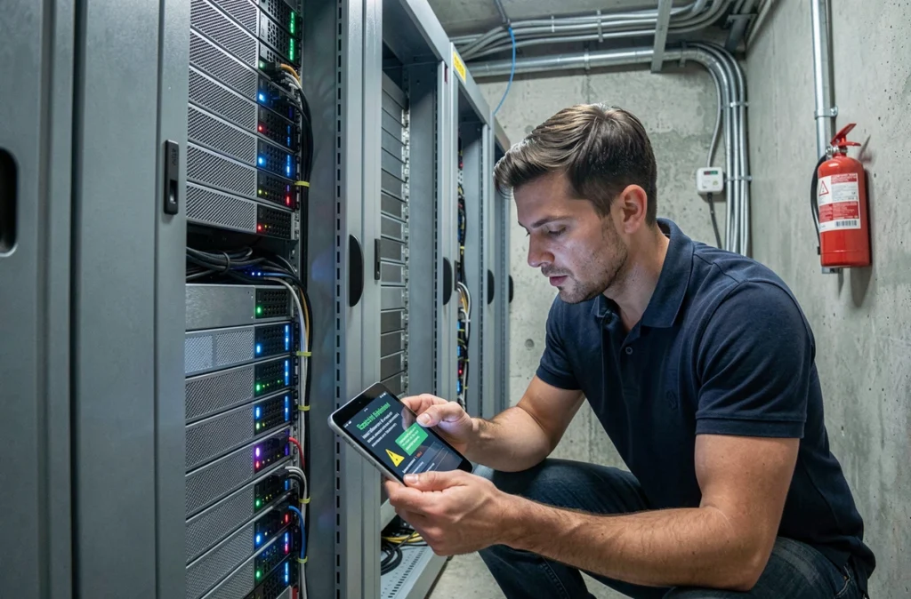 Technicien informatique inspectant des alertes de ransomware sur tablette dans la salle serveur d'une PME