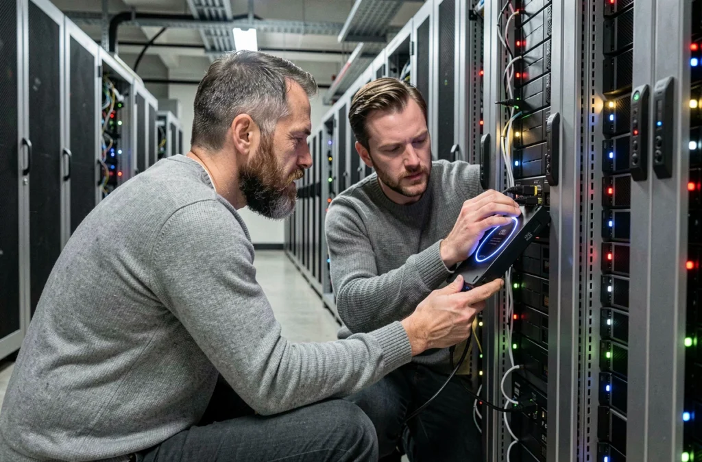 Technicien connectant un disque de sauvegarde externe à un serveur dans une salle des machines