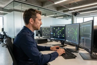 Technicien informatique analysant une configuration VPN sur plusieurs écrans dans un bureau d'entreprise moderne