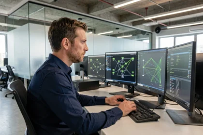 Technicien informatique analysant une configuration VPN sur plusieurs écrans dans un bureau d'entreprise moderne
