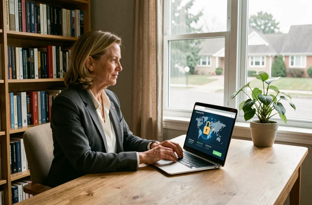 Femme professionnelle en télétravail utilisant un VPN sécurisé depuis son bureau à domicile