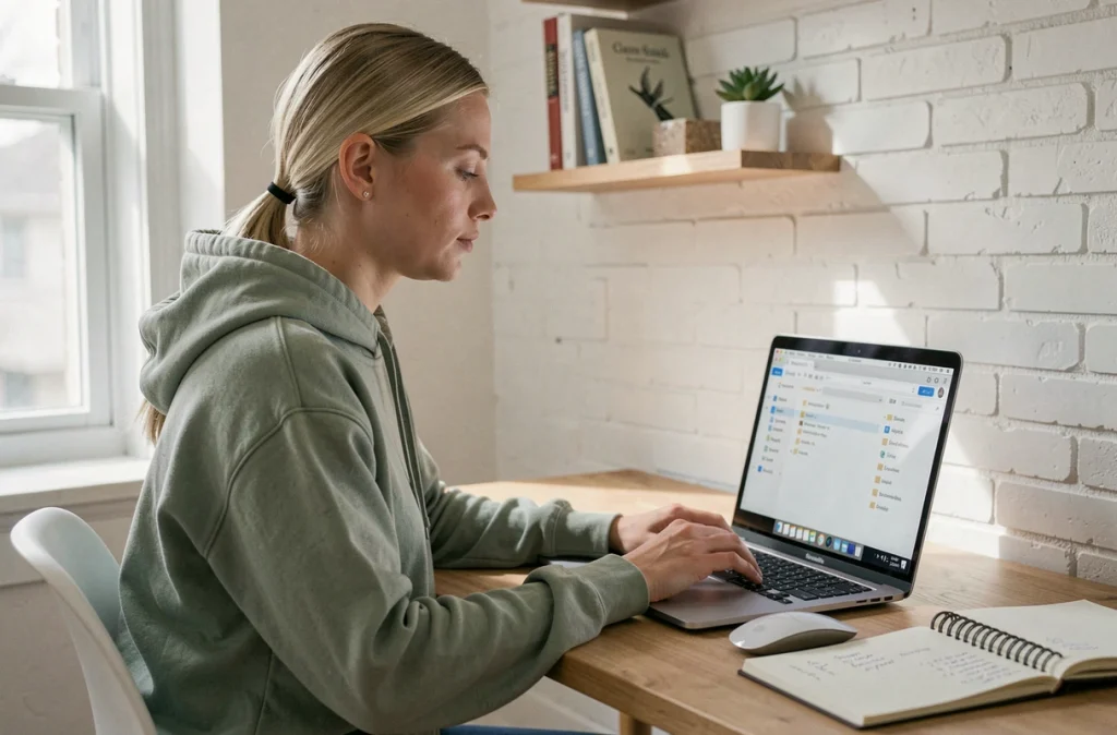 Jeune femme travaillant sur Google Drive depuis son bureau à domicile en télétravail