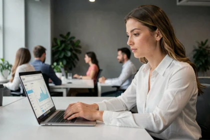 Femme en entreprise analysant un test PCS de 10 secondes sur son ordinateur portable dans un bureau moderne