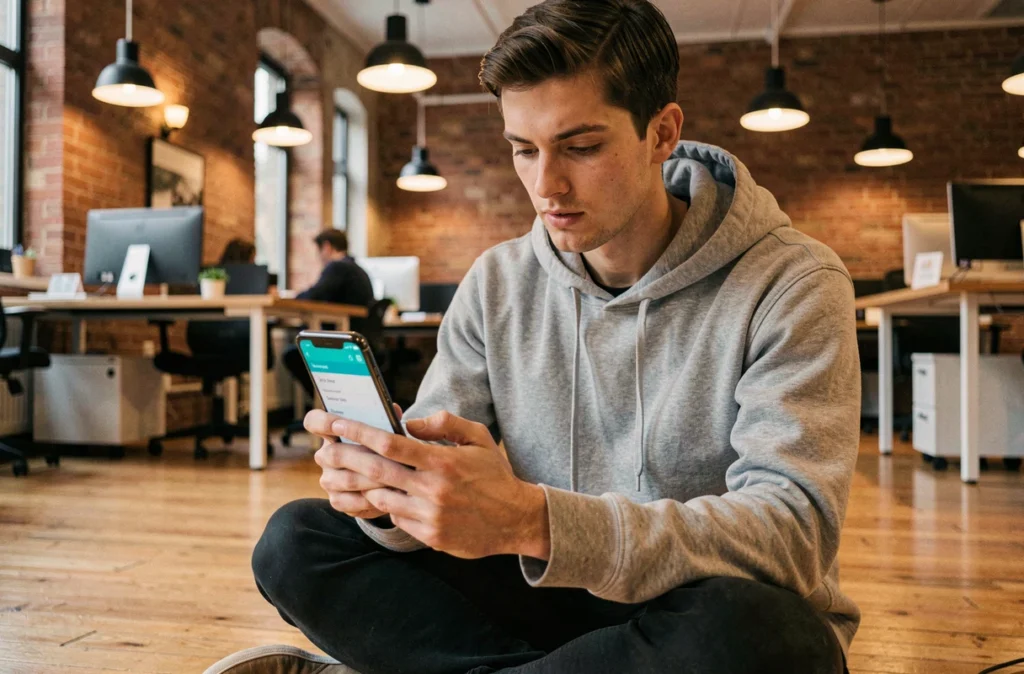 Jeune homme effectuant un test PCS de 10 secondes sur smartphone dans un espace de coworking moderne