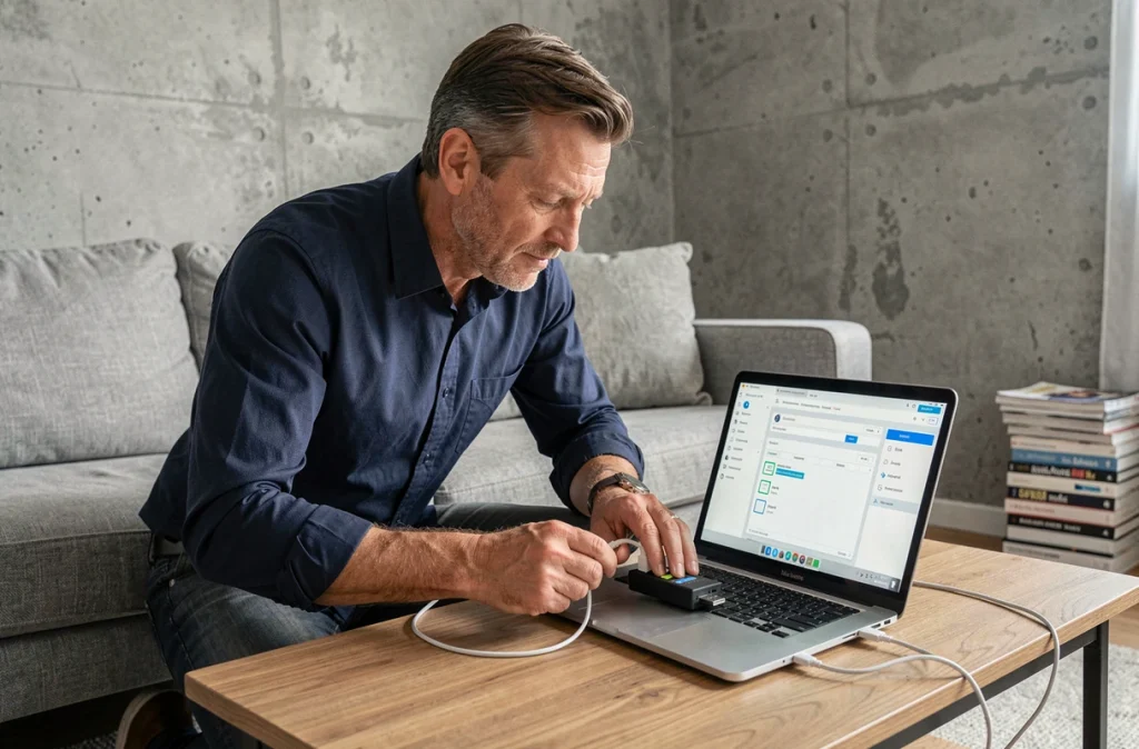 Homme connectant un disque dur externe à son ordinateur portable pour libérer de l'espace de stockage