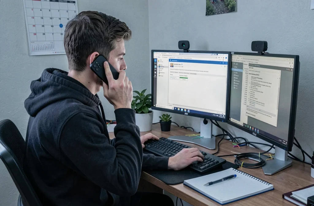 Technicien de 2 Rdv Informatique gérant une session de dépannage à distance depuis son bureau à domicile tout en conversant avec un client