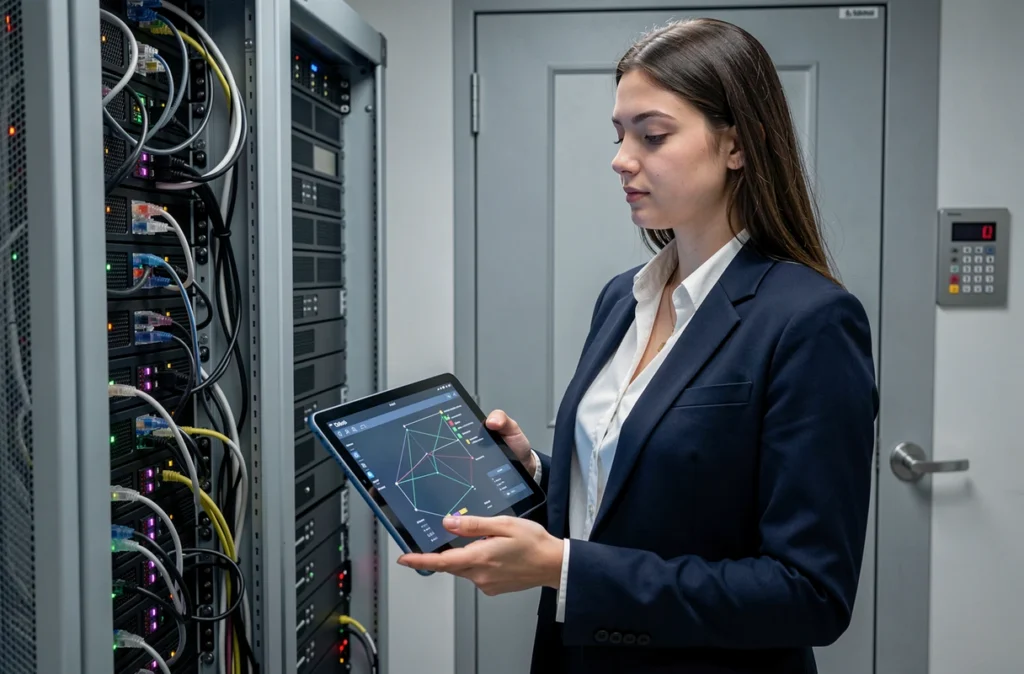 Technicienne d'A5 Numérique tenant une tablette avec un schéma réseau devant une baie de serveurs dans une salle informatique