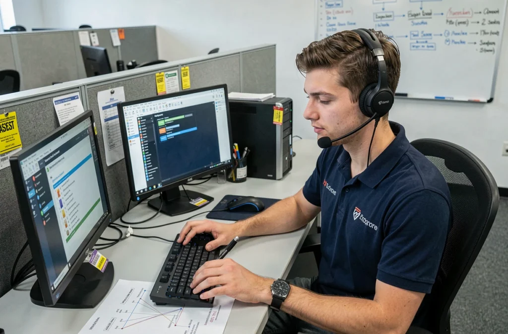 Un technicien support d'ADEOS Informatique gère des tickets d'assistance informatique depuis son poste de travail dans le Haut-Rhin