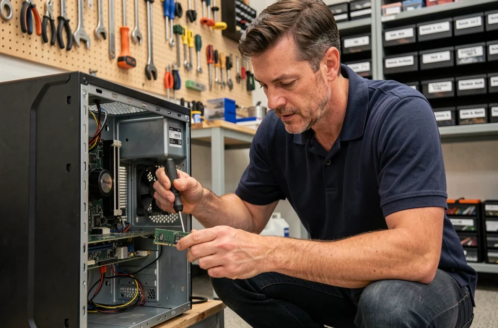 Un technicien d'ADP88 Informatique répare un ordinateur de bureau dans un atelier informatique professionnel dans le Haut-Rhin