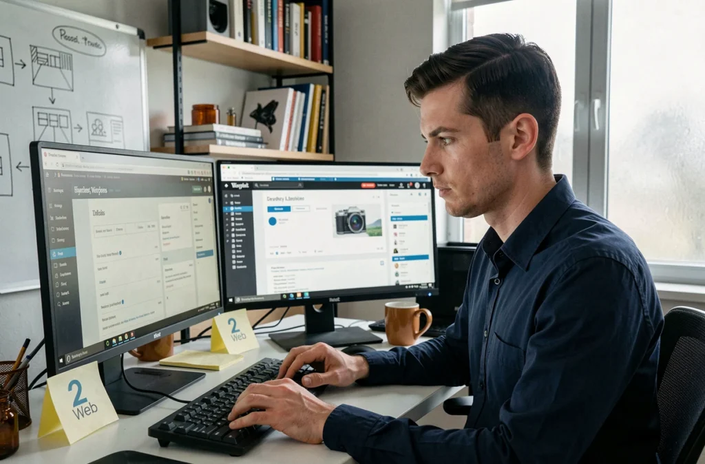 Développeur de l'agence 2 Web travaillant sur un site WordPress à son poste de travail