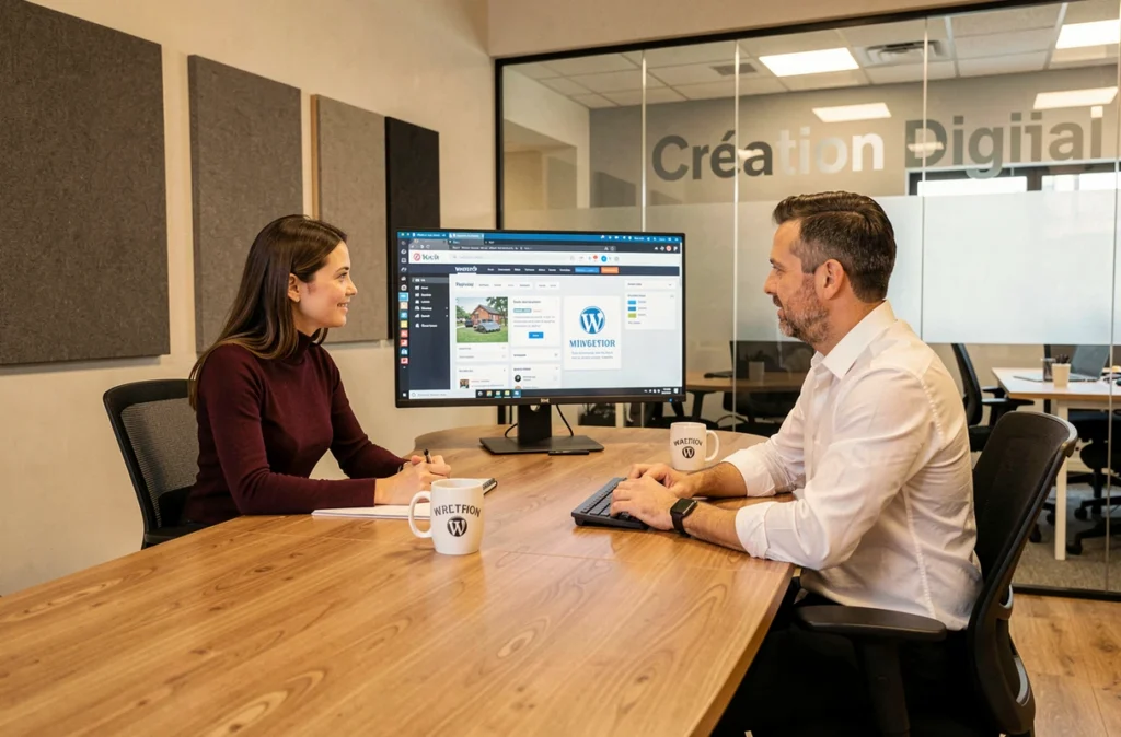 Deux collaborateurs de l'agence Création Digital analysant un site WordPress e-commerce dans un espace de travail moderne