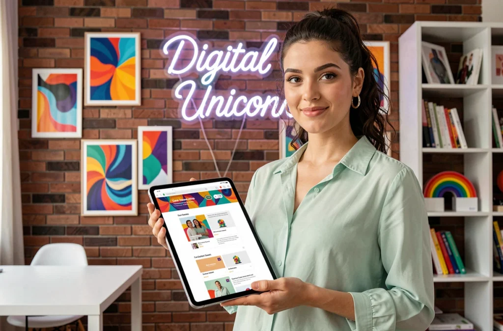 Créatrice web de l'agence Digital Unicorn présentant un prototype de site sur tablette dans un studio créatif