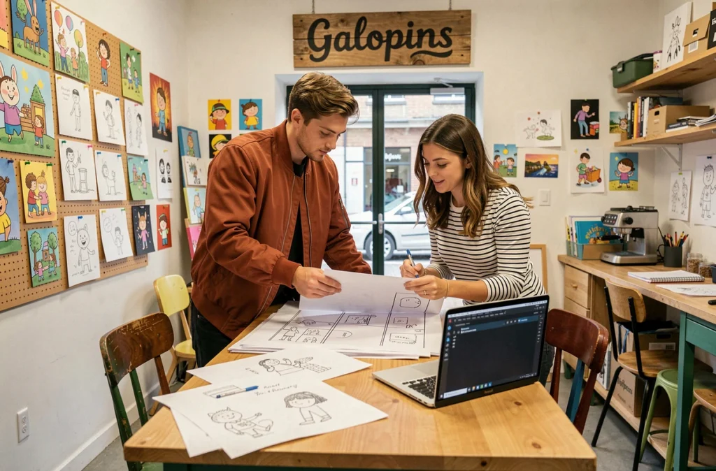 Deux créatifs de l'agence Galopins révisant un storyboard et un site WordPress dans un studio illustré et coloré