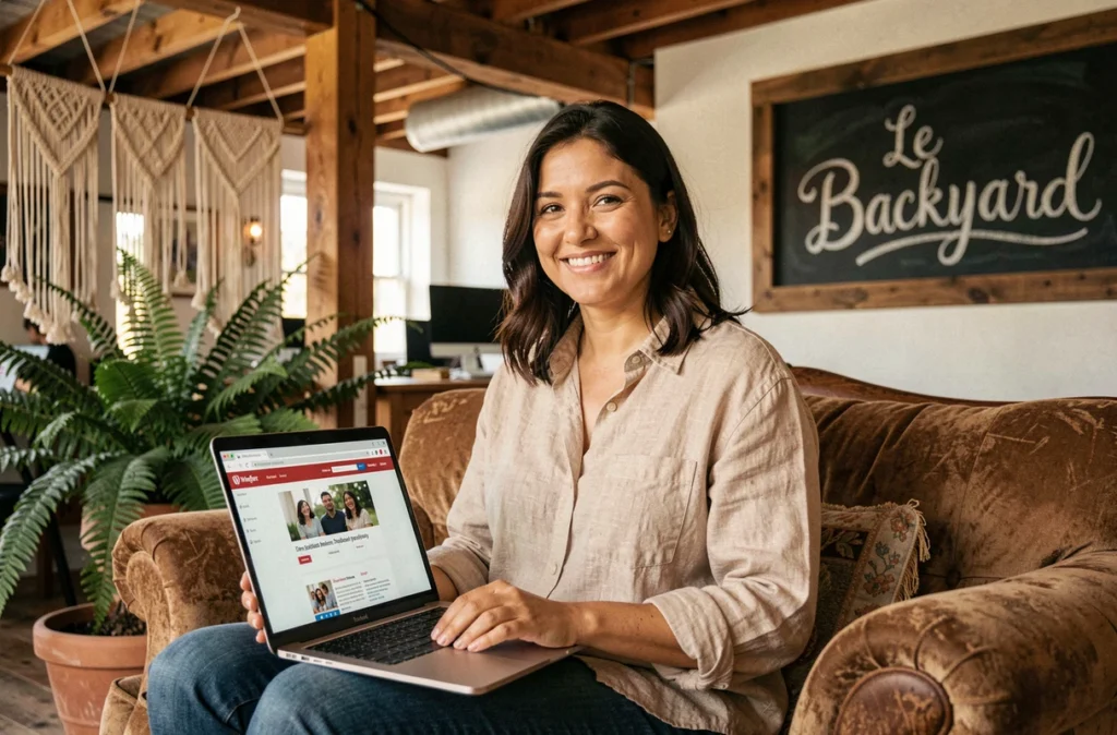Conceptrice web de l'agence Le Backyard travaillant sur un projet WordPress dans un espace de coworking chaleureux