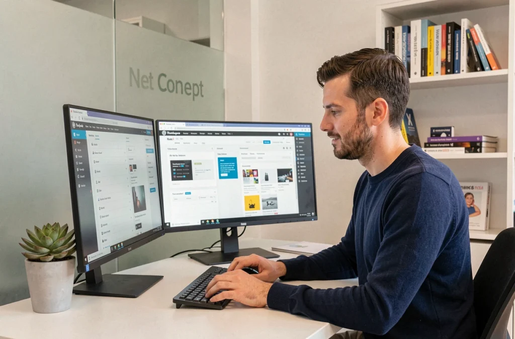 Développeur web de l'agence Net Concept travaillant sur un projet WordPress dans un bureau épuré
