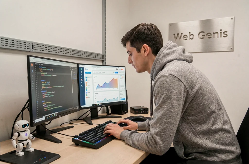 Développeur de Web Genius entouré de trois moniteurs affichant un projet WordPress et des analyses de données