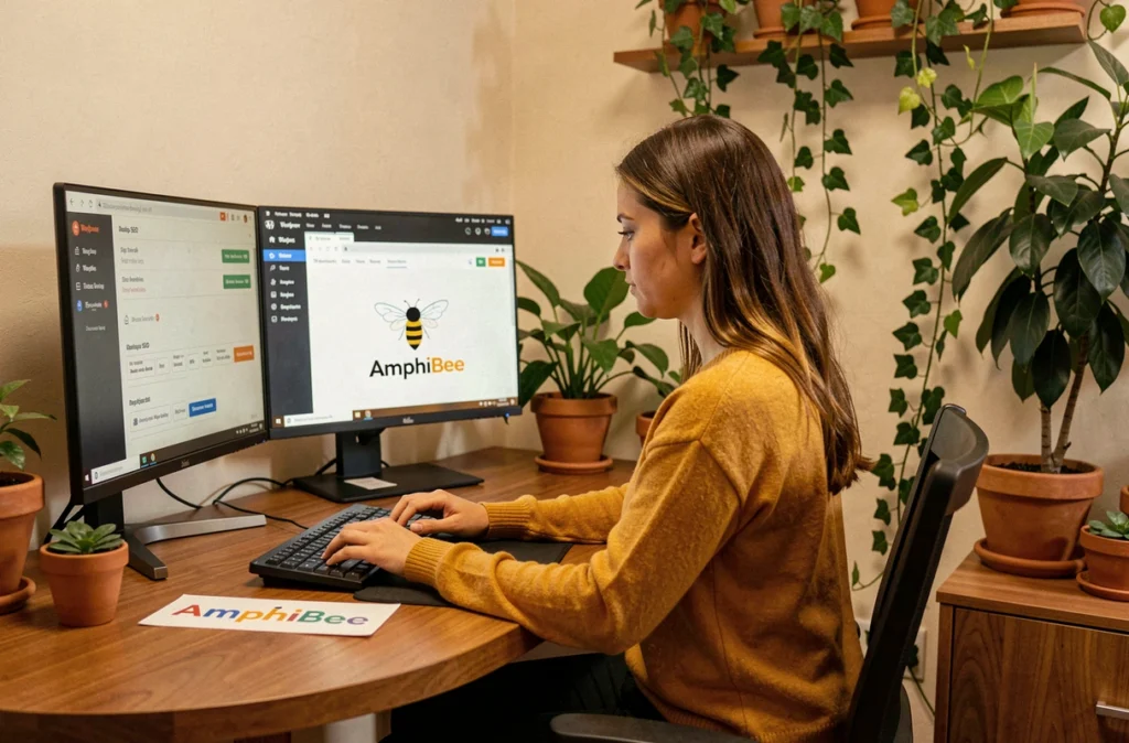Développeuse d'AmphiBee optimisant le référencement d'un site WordPress dans un bureau chaleureux