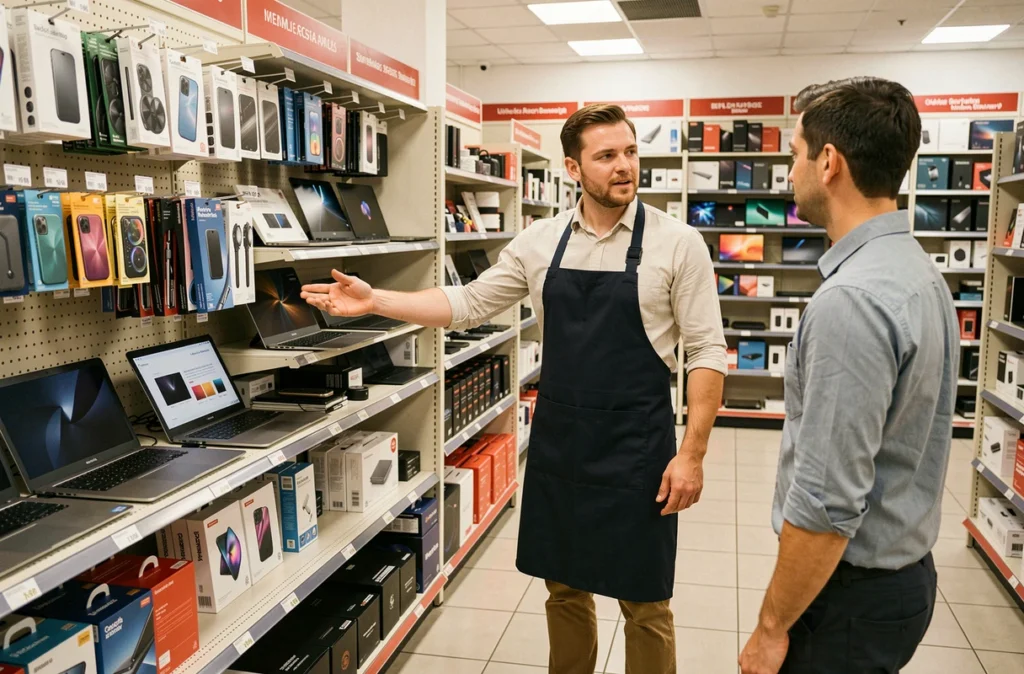 Vendeur technique d'Auber Store présentant des ordinateurs reconditionnés et des accessoires informatiques à un client dans la boutique