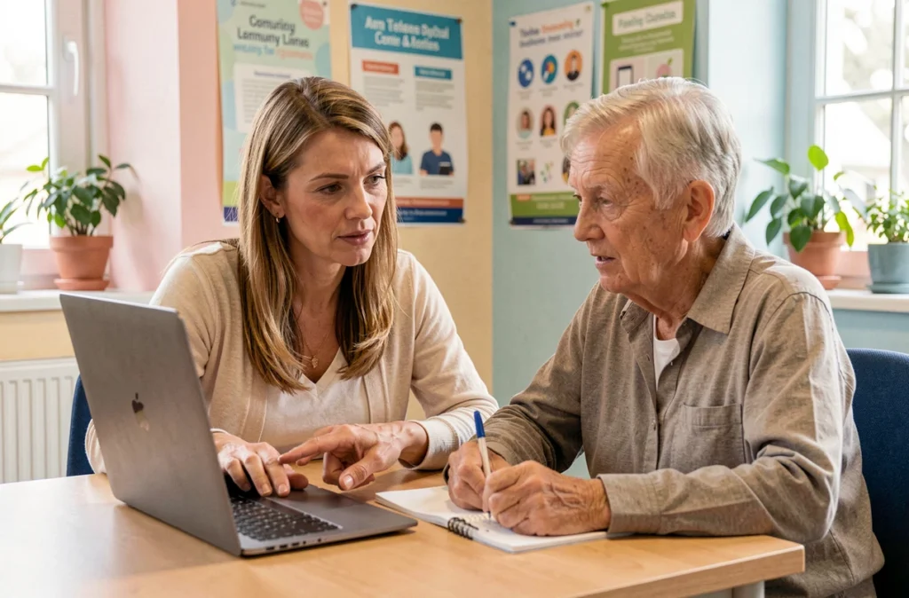 Une formatrice de Clic Ordi accompagne un senior lors d'un cours d'initiation à l'informatique dans le Haut-Rhin