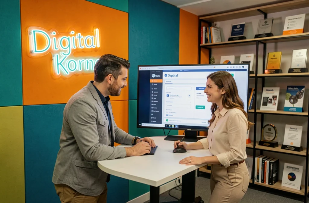 Équipe de Digital Korner collaborant sur un prototype WordPress dans leur agence créative