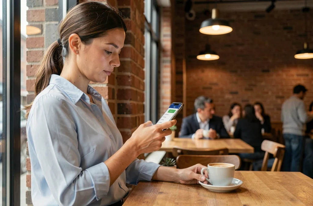 Femme utilisant la fonction copier-coller sur un smartphone Android dans un café, cherchant à accéder au presse-papier
