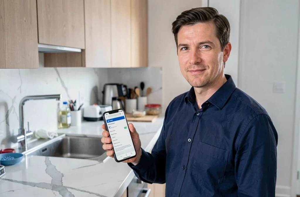 Homme accédant aux paramètres de sa Freebox via un navigateur mobile dans la cuisine