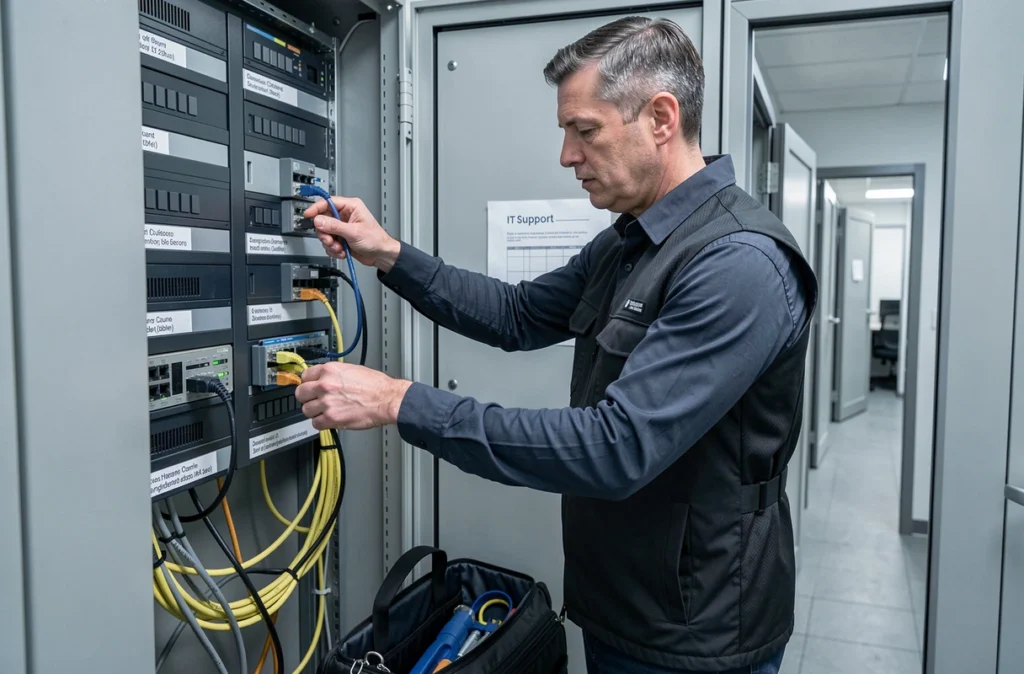 Technicien HPCO câblant un commutateur réseau dans un placard de brassage au sein d'un immeuble de bureaux commercial