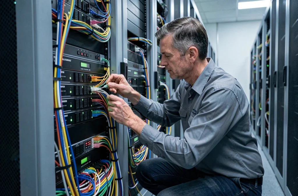 Un ingénieur réseau d'Infocomm68 installe des câbles fibre optique dans une salle serveur professionnelle en Alsace