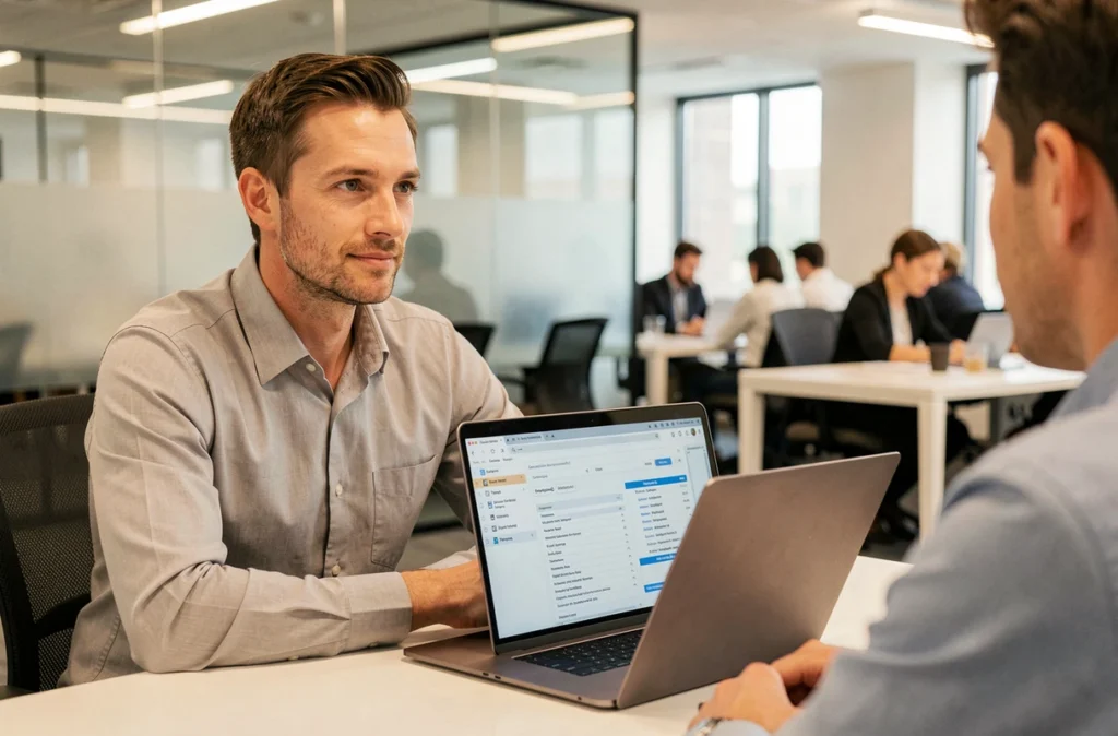 Consultant Iris Solutions présentant un rapport d'audit système à un client lors d'une réunion dans un bureau professionnel