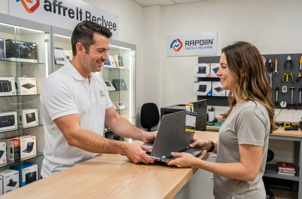Technicien Jidcom remettant un ordinateur portable réparé à une cliente satisfaite dans une boutique de dépannage informatique