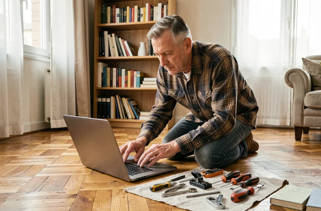 Lossignol Frédéric, technicien informatique indépendant, réparant un ordinateur portable chez un particulier dans un appartement parisien