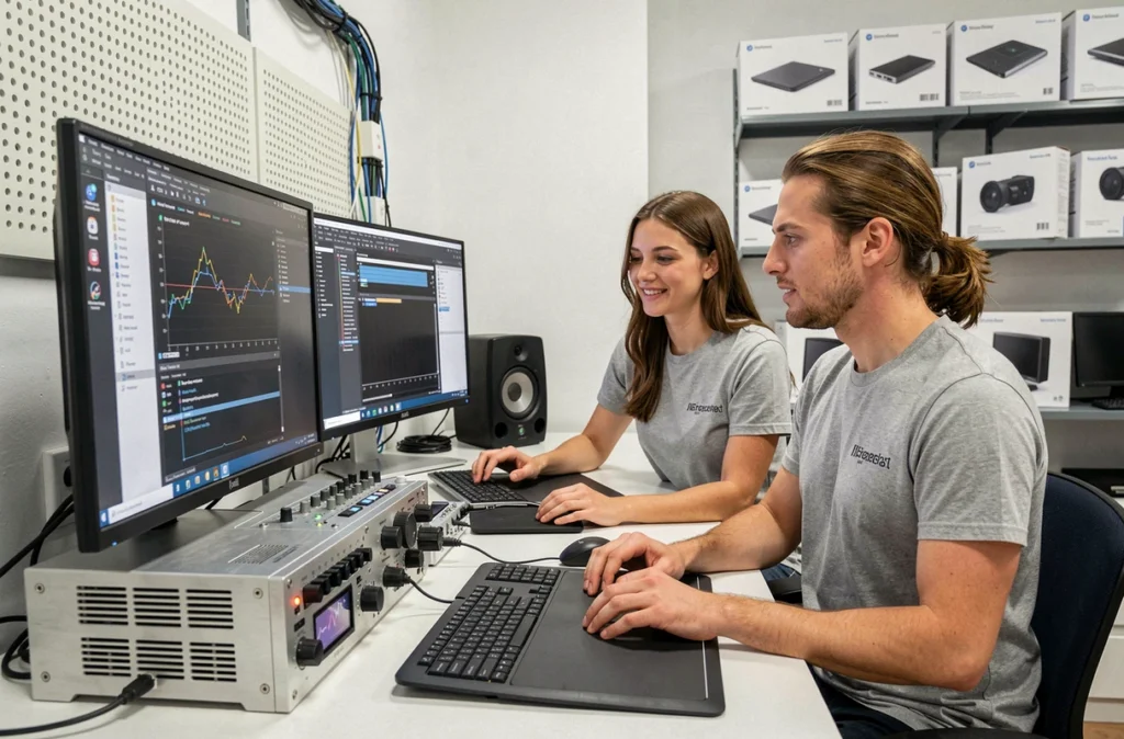 Deux techniciens de Multimedia Technologies collaborant sur un poste de travail multimédia dans un studio informatique moderne