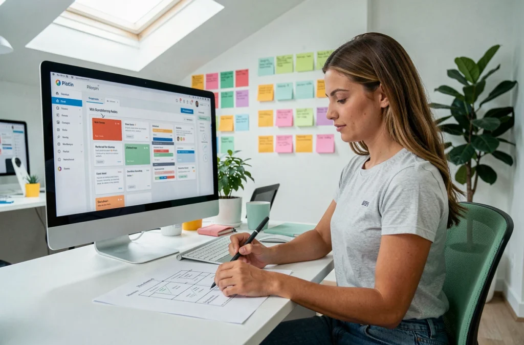 Designer UX de Pilot'in annotant un wireframe WordPress sur son tableau de bord de gestion de projet