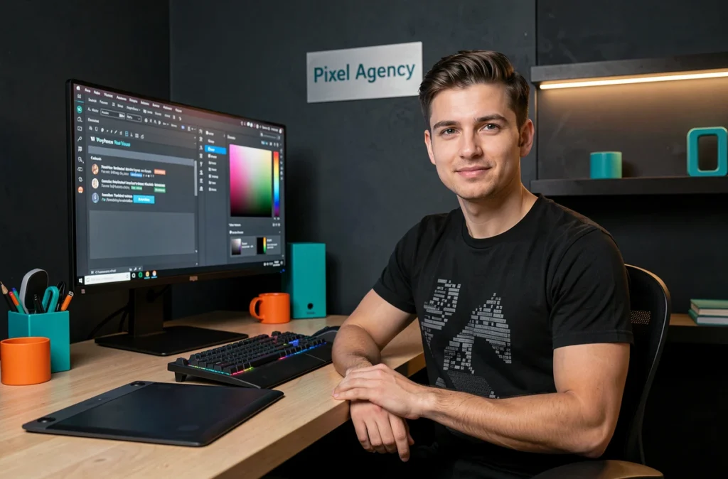 Graphiste de Pixel Agency travaillant sur un projet WordPress avec une tablette graphique dans un studio design