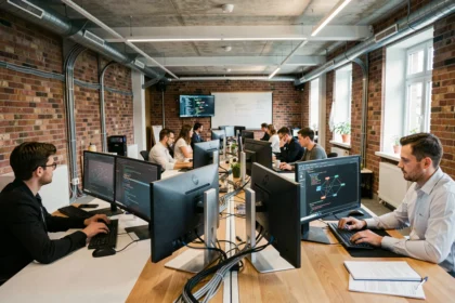 Des techniciens informatiques travaillent dans un bureau moderne en Alsace, illustrant les prestataires informatiques du Haut-Rhin