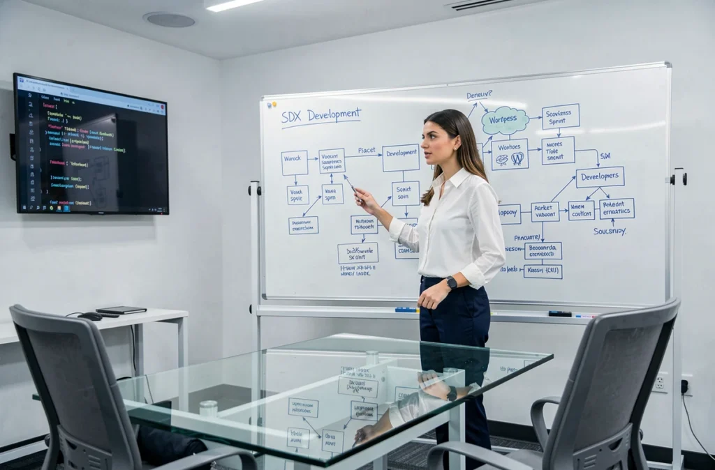 Chef de projet de SDX Development présentant une architecture WordPress sur tableau blanc