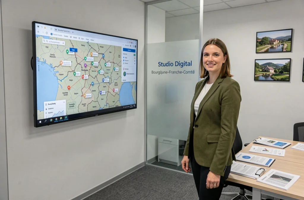 Chargée de projet du Studio Digital Bourgogne-Franche-Comté présentant une carte de projets web régionaux