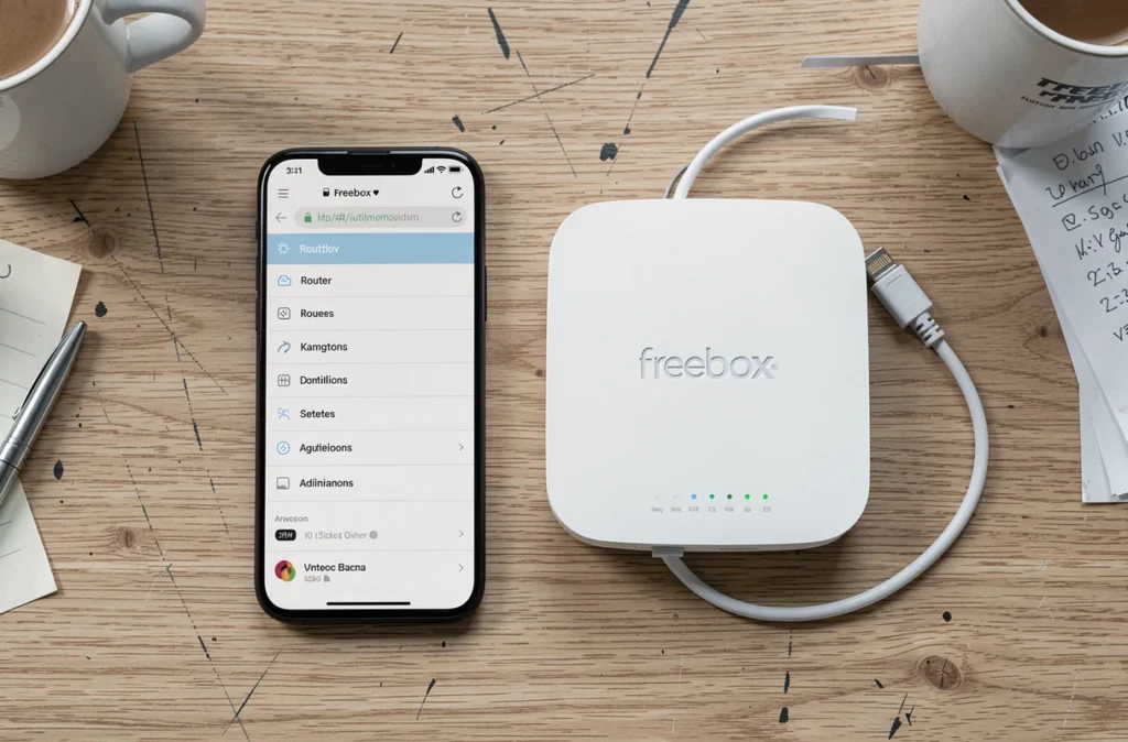Vue aérienne d'un smartphone affichant l'adresse IP de la Freebox à côté du routeur sur un bureau