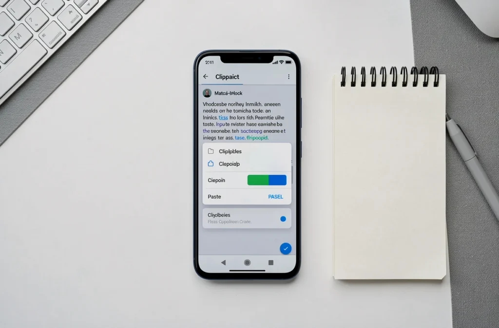 Vue de dessus d'un smartphone Android posé sur un bureau affichant le menu presse-papier lors d'un copier-coller