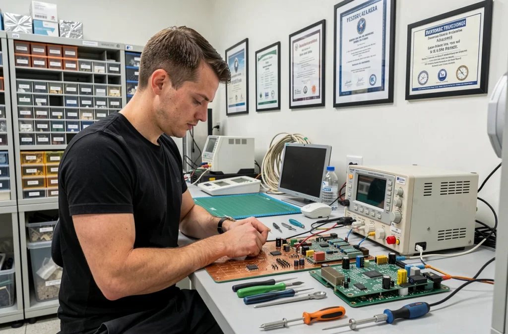 Ingénieur de Wilinx Lab travaillant sur des circuits électroniques dans un atelier technique équipé de matériel de précision