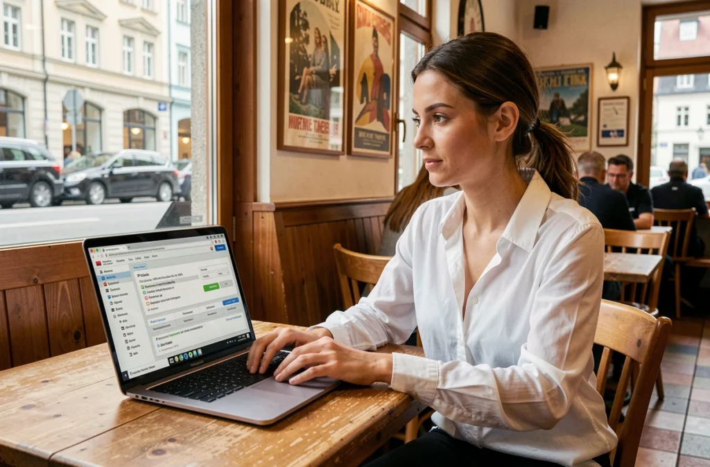 Femme utilisant un outil de vérification d'adresse IP dans un café à Zurich avec résultats de géolocalisation suisse à l'écran